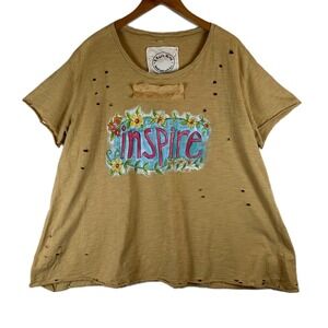 A Rare Bird Inspire Tattered Distressed Cotton Graphic T-Shirt Tan L/XL